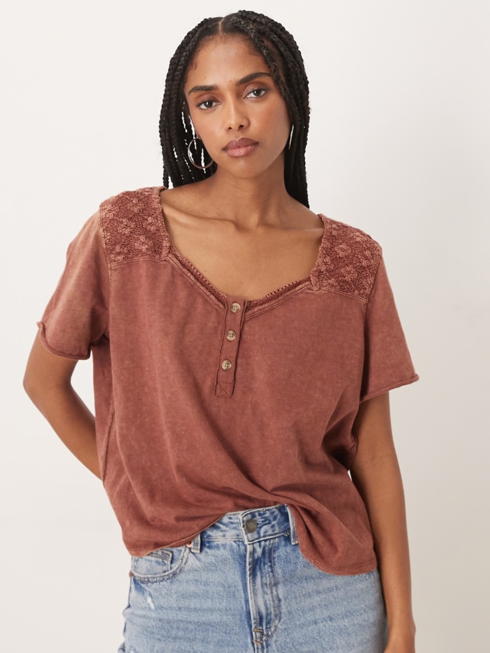 We The Free Heirloom Henley Lace-Trim Button Up Tee in Canyon Sunset